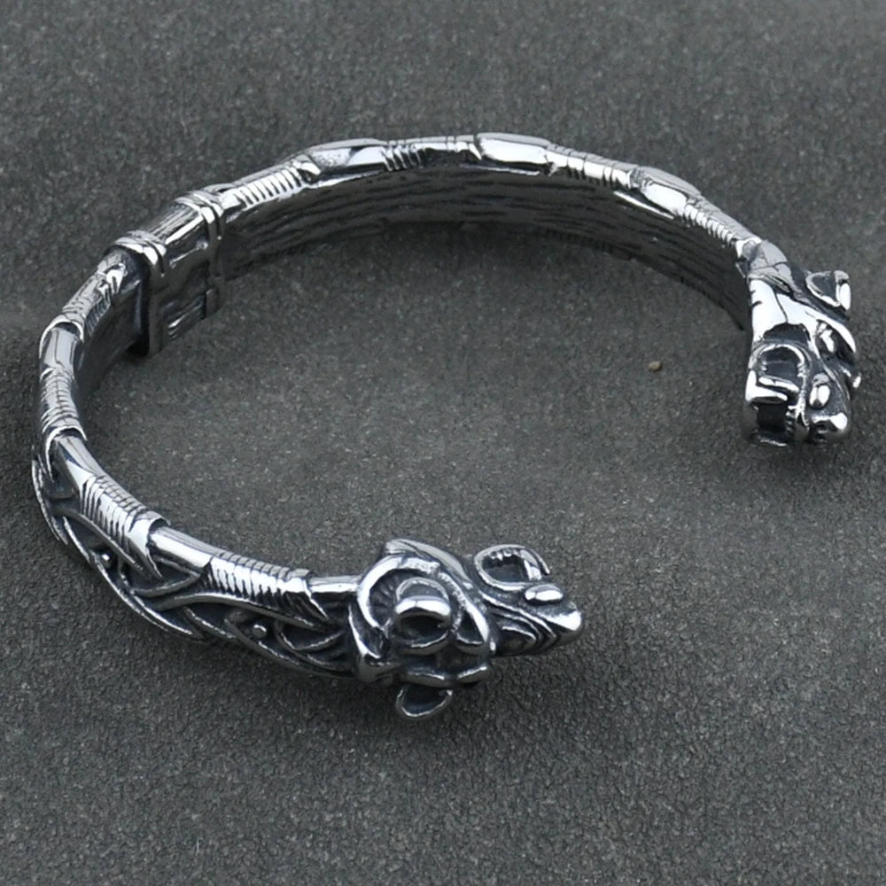 Norse Wolf Viking Bracelet Cuff - Mythical Pieces Steel Wolf Head