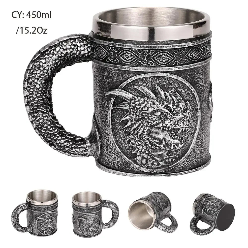 Viking Skull Tankard Mug - Mythical Pieces Silver Evil Dragon / 450ml / CHINA