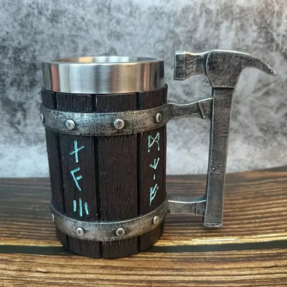 Nordic Rune Barrel Tankard Mug - Mythical Pieces Hammer / 600ML
