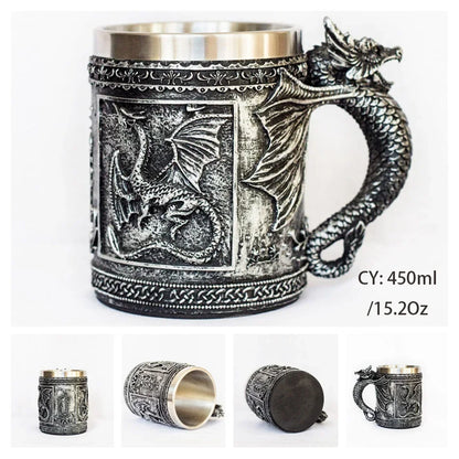 Viking Skull Tankard Mug - Mythical Pieces Silver Flying Dragon / 450ml / CHINA