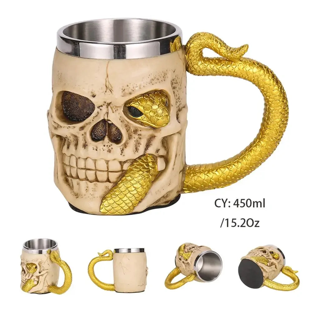 Viking Skull Tankard Mug - Mythical Pieces Golden Snake / 450ml / CHINA