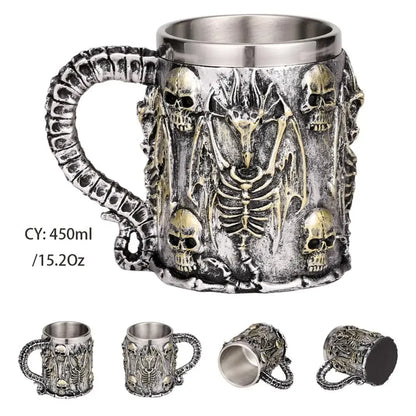 Viking Skull Tankard Mug - Mythical Pieces Silver Skull Dragon / 450ml / CHINA